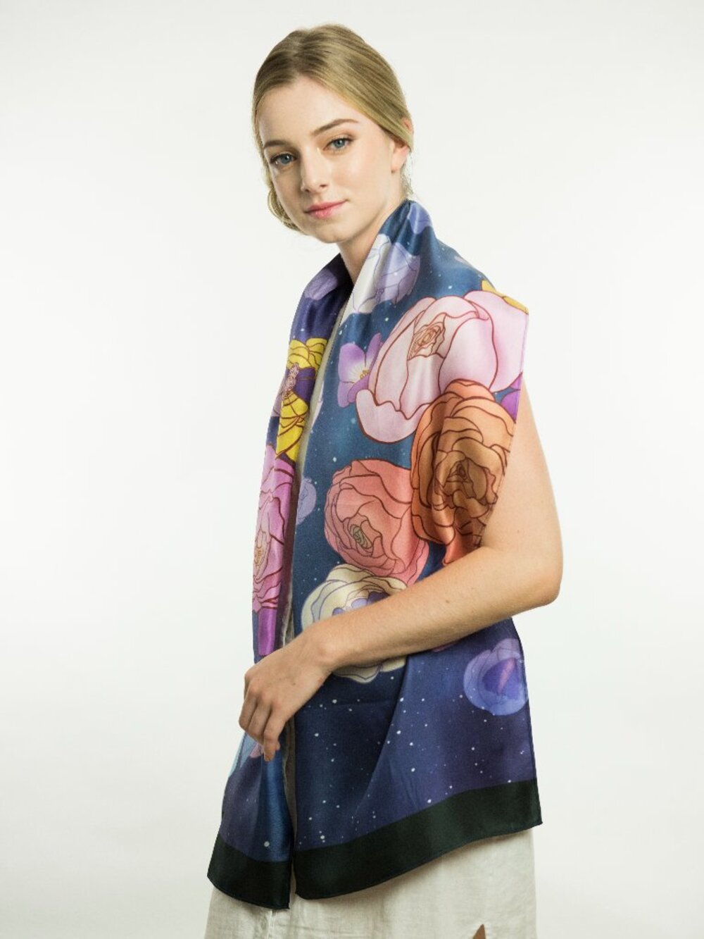 Misheo - Cosmic Garden Silk Scarf - Artist Designed Botanical & Wildlife Scarf